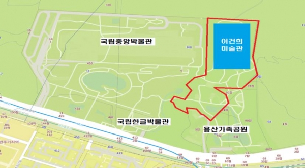 용산구가 문체부에 제안한 이건희 미술관 건립 위치(안) - 붉은 선 표시