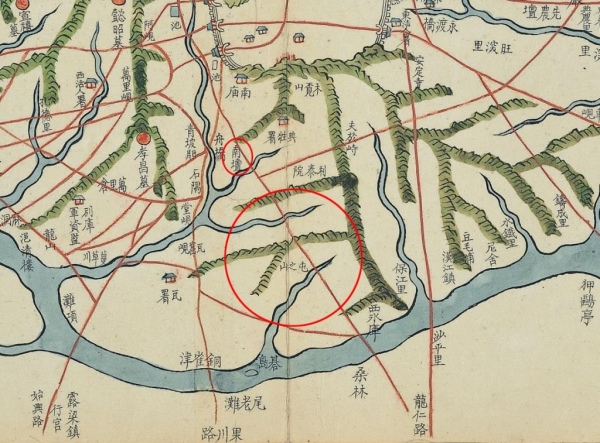 조선 후기 '경조오부도'에 그려진 둔지산과 남단(붉은원 표시)