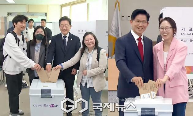 ▲이재명 더불어민주당 대통령 후보는 청년들과 함께 서울 서대문구 신촌역에서, 김문수 국민의힘 대통령 후보는 딸과 함께 인천 계양구에서 29일 오전 사전투표를 하고 있다./사진=이용우 기자 
