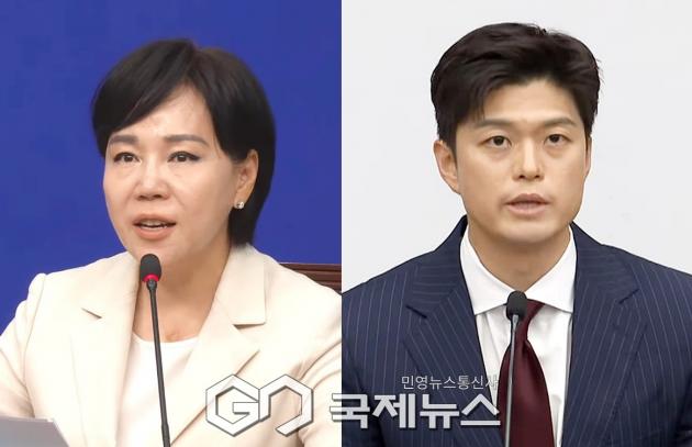 ▲전현희 더불어민주당 최고위원과 김용태 국민의힘 비상대책위원장은 각 정당의 회의에서 서울고법의 이재명 대통령의 공직선거법 파기환송심 재판 기일 추후 지정에 대해 입장을 밝히고 있다./사진=이용우 기자